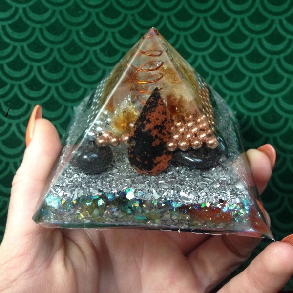 Sacred Native Mahogany Obsidian Hematite Carnelian Orgone Pyramid