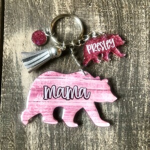Mama Bear Keychain: Pink Glitter Charm, Personalized Bear Cub