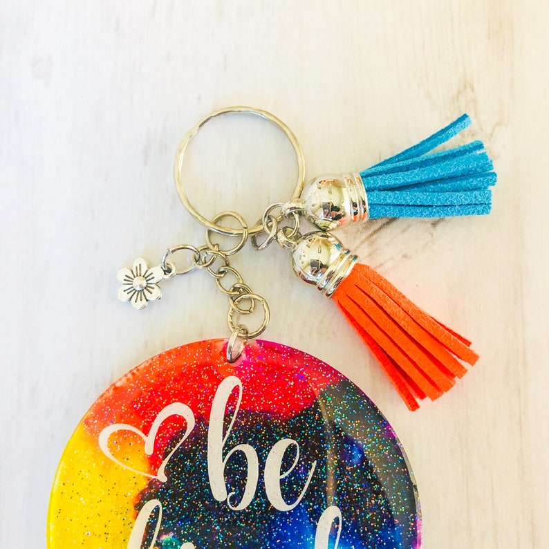 Epoxy Resin Keychain Be Kind Keychain Glitter Keychain Etsy