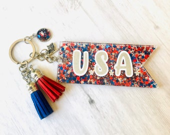 USA Keychain, Glitter Keychain, Patriotic Keychain, Fourth of July Keychain, Keychain with Tassel, Red White and Blue, Banner Keychain