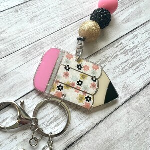 Custom Beaded Teacher Lanyard: Glitter Pencil Badge Holder
