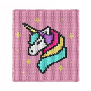 May include: A pink knitted square featuring a pixelated unicorn head with a white face, a black horn, and a colorful mane in shades of teal, purple, pink, and yellow. Yellow star shapes are scattered around the unicorn. The background is a solid pink color.