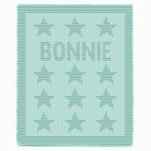 May include: A light teal knitted blanket with a repeating star pattern and the name "BONNIE" knit into the center. The blanket has a textured appearance and a border. The stars are a darker shade of teal.
