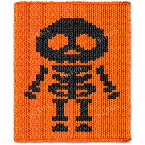 Op de afbeelding: Een rechthoekig gebreid stuk stof met een feloranje achtergrond en een gecentreerde zwarte skeletafbeelding. Het skeletontwerp bestaat uit een afgeronde schedel met twee oogkassen en een ribbenkast, allemaal uitgevoerd in zwart garen.