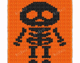 Halloween Skeleton - Chunky Blanket, Hand Finger Knitting Pattern - PDF Knit Orange Color work chart afghan, Super Bulky Jumbo 7 yarn throw