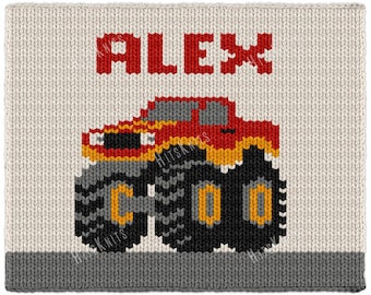 Alex Monster Truck Finger Knitting Pattern, Custom Name Chunky Blanket Graphghan 50 loops x 70 rows, Jumbo Yarn Boys Room PDF
