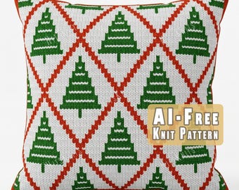 Padrão de tricô de árvore de Natal, painel de almofada com trabalho em intársia de cores 77x104, gráfico festivo de losangos para as festas de fim de ano, PDF para download instantâneo