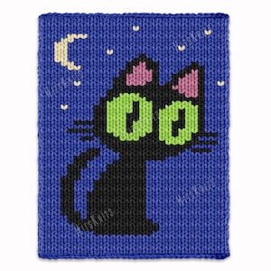 May include: A knitted square featuring a black cat with large green eyes, pink ears, and a crescent moon and stars on a blue background. The text "Kits Knits" is visible on the bottom left corner.