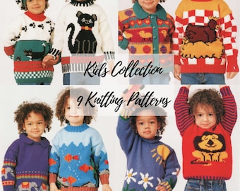 9 Knitting Patterns knit funny kids sweaters size age 1-6 years fair isle motif childrens pullovers boys and girls PDF digital 8 ply patons