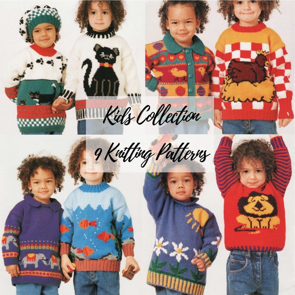 9 Knitting Patterns knit funny kids sweaters size age 1-6 years fair isle motif childrens pullovers boys and girls PDF digital 8 ply patons