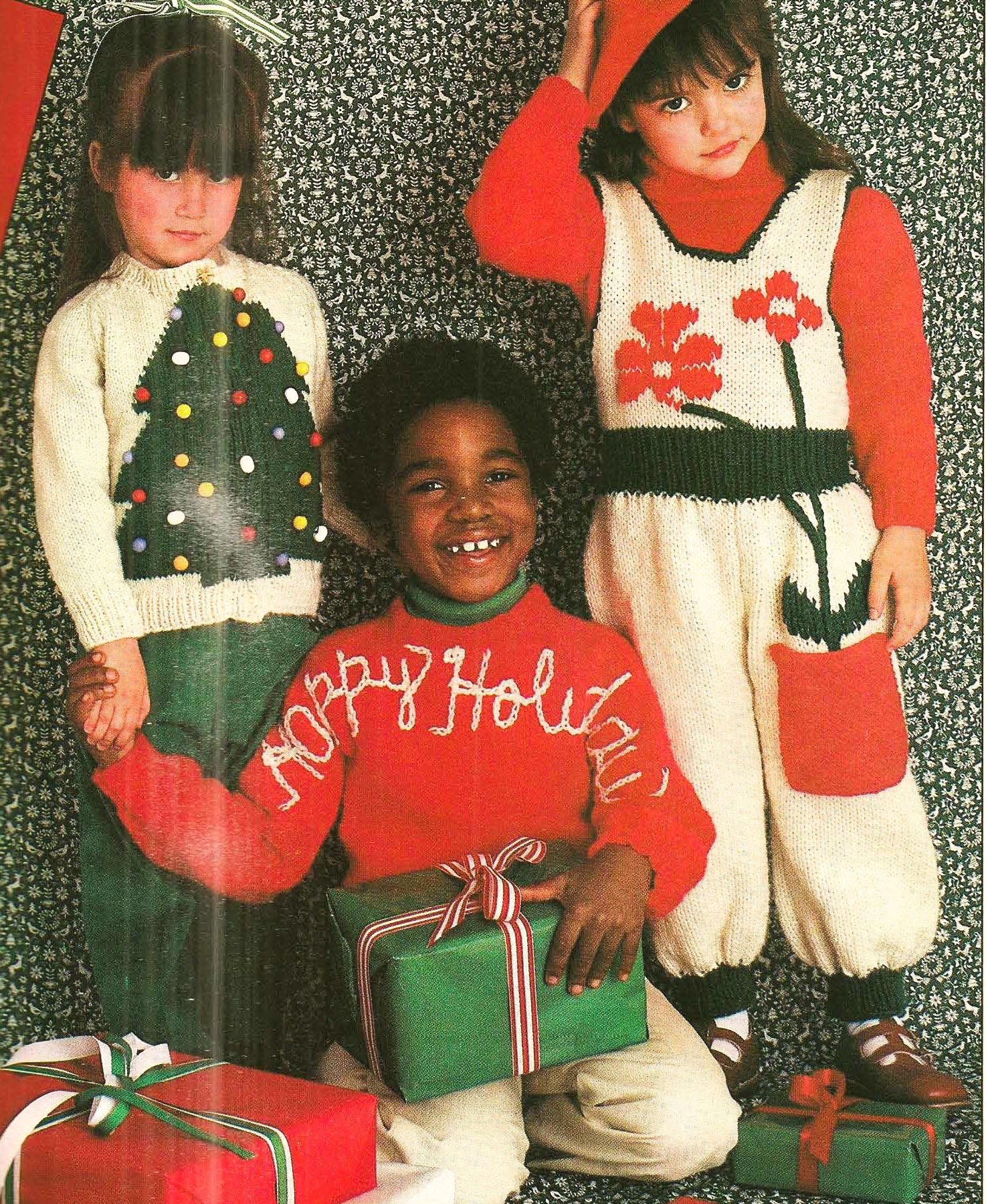 3 Knitting Patterns Christmas tree cardigan, Greeting pullover, knit flower jumpsuit childs xmas holidays clothing PDF instructions dk yarn