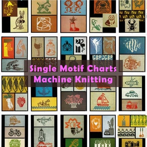 Machine knitting 64 charts Single Motif schemes for electronic Silver Reed Knitmaster Brother Singer knit patterns diagrams vintage magazine