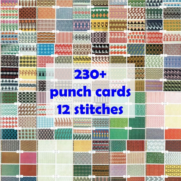 Más de 230 tarjetas perforadas 12 máquinas de tejer de punto tarjetas perforadas fairisle fair isle jacquard encaje tuck slip patrón PDF 12o Toyota Knitmaster Brother