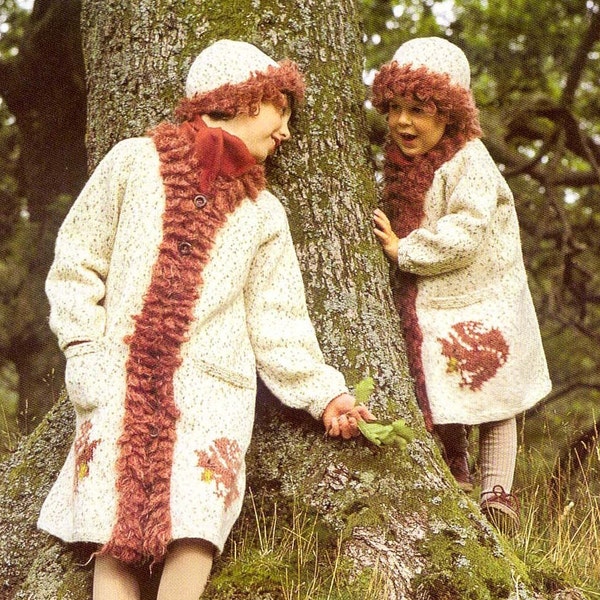 2 PDF knitting patterns Knit coat & hat squirrel nutkin overcoat girl childs warm beanie toque wool aran yarn 80s vintage digital download
