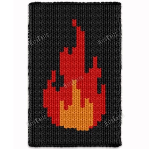 May include: A rectangular black knit fabric patch featuring a pixelated flame design centered on the surface. The flame graphic is composed of vibrant red and orange yarn stitches, creating a distinct contrast against the dark black background.