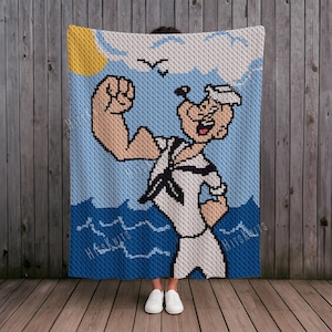 Bloques de 100 x 120 cm - Popeye el Marino - Patrón de manta de crochet C2C, Manta para niño pequeño - Gráfico de dibujos animados - Descarga instantánea en formato PDF