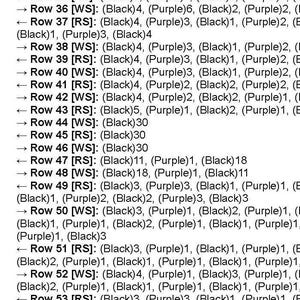 May include: A printed document containing a list of knitting or crochet instructions labeled from Row 33 to Row 55. The text specifies row numbers, direction arrows, and stitch counts for black and purple yarn colors, formatted as a technical pattern guide.