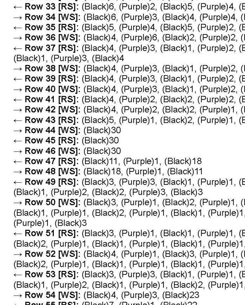 May include: A printed document containing a list of knitting or crochet instructions labeled from Row 33 to Row 55. The text specifies row numbers, direction arrows, and stitch counts for black and purple yarn colors, formatted as a technical pattern guide.