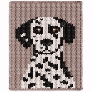May include: A rectangular knitted textile featuring a graphic pattern of a Dalmatian dog. The dog is depicted with a white coat covered in black spots, black ears, and brown eyes, set against a solid light brown, textured knit background.