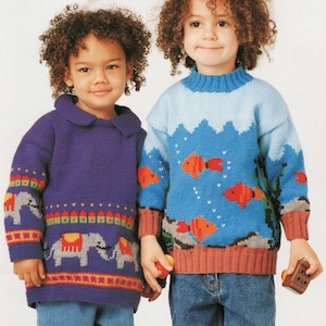 2 Knitting Patterns funny knit childs sweater 1-6 years intarsia fairisle fish elephant animal motif pullover fair isle PDF digital tutorial