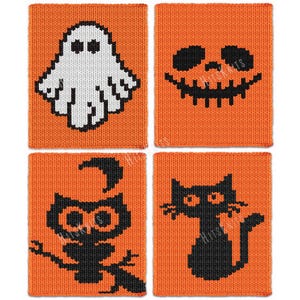 May include: Four square knitted coasters in bright orange with black and white Halloween designs. The top left features a white ghost, the top right a black jack-o'-lantern face, the bottom left a black owl on a branch, and the bottom right a black cat.