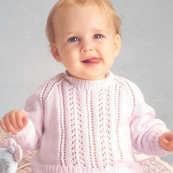 Baby Lace sweater PDF knitting pattern knit kids Raglan sleeves pullover 3 ply light or 4 ply fingering aclylic yarn jumper girls fashion