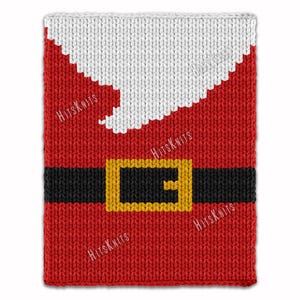 May include: A knitted Santa Claus costume design in red, white, and black. The design includes a red jacket with white trim, a black belt with a gold buckle, and the text "HitsKnits" repeated on the design.