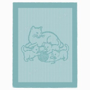 May include: A light blue knitted blanket featuring a family of cats. The design shows a mother cat with two kittens and a ball of yarn. The blanket has a striped border and the text "Heidi Knits" in the corners.