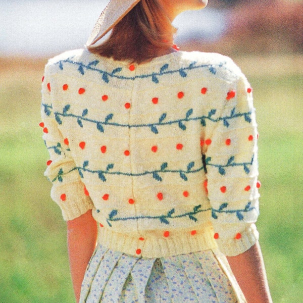 Knit back-buttoned short cardigan with bobbles PDF knitting pattern crew neck floral sweater 80s tutorial 10 ply worsted weight linen yarn
