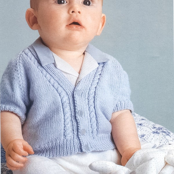 Knit baby jacket PDF knitting pattern short raglan sleeves cabled sweater v neck buttons cardigan boys knitwear 3 ply 4 ply patons wool