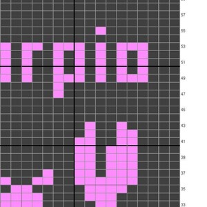 May include: A cross-stitch pattern on a dark gray grid featuring the pink pixelated text 'orpio' and a pink pixelated crab illustration. The grid includes numbered axes from 1 to 17 horizontally and 27 to 59 vertically for precise stitching.