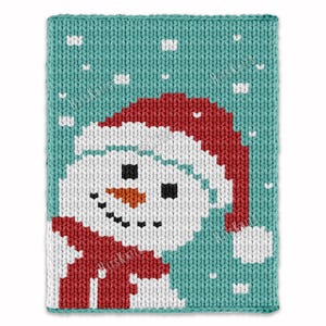 May include: A knitted Christmas-themed design featuring a snowman wearing a red hat and coat against a teal background with white snowflakes. The snowman has a carrot nose and black eyes and mouth. The design is rectangular.