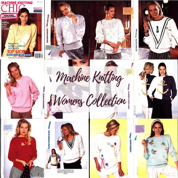 Big womens collection 31 machine knitting patterns knit pullovers standard gauge punchcards/electronic Singer, Brother, Passap, Knitmaster