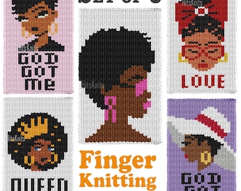 Afro Woman vingerbreipatroon set van 5, telpatroon 22x60, dikke jumbo deken, God Got Me Queen Love roze lint, Graphghan voor beginners (PDF)