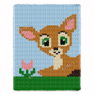 May include: A knitted square featuring a cartoon deer with brown fur, pink ears, and green eyes. The deer is set against a light blue background with a green base and a pink flower. The text "HitsKnits" is visible.