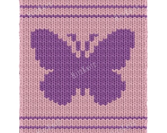 Butterfly Finger Knitting Blanket Pattern, Pink Purple Chunky Graphghan Throw 29 loops x 66 rows, Jumbo Yarn Easy PDF