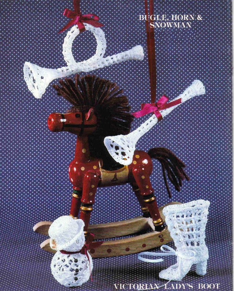 Vintage 80s crochet pattern christmas victorian lace ornaments ladys boot bungle and horn snowman PDF instructions tree trims decorations image 8