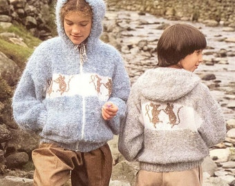 PDF knitting pattern knit hooded jacket zip intarsia mouse Appley Dapply sweater kids childs teens girl boy pullover winter dk wool yarn 80s