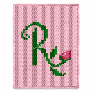 Chunky Blanket Pattern - Calligraphy Letter R with rose flower - Custom Hand Finger Knitting Pattern - Color work afghan, Jumbo 7 yarn throw