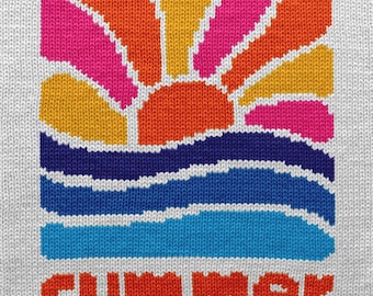 Gráfico abstracto de puesta de sol de verano retro, descarga digital en formato PDF, gráfico de intarsia e instrucciones escritas para tejer a mano y a máquina, patrón de tejido