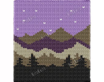 Night Landscape Chunky Blanket - Knitting Pattern PDF - Knit Blanket intarsia afghan - colorwork bulky rug - Jumbo 7 yarn super finger throw
