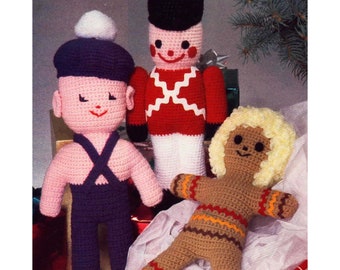 3 crochet patterns Christmas Tin soldier boy, gingerbread, mikey doll, vintage 80s instructions amigurumi PDF digital download xmas toys