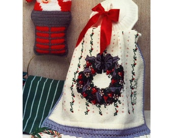 Vintage crochet pattern 80s Christmas towel edging & Santa towel Holder, Holidays decorations xmas decor, worsted 10 ply yarn, Hook size F/5
