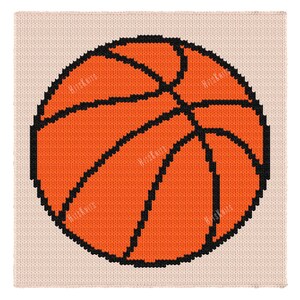 May include: A square-shaped knitted textile featuring a basketball graphic. The basketball is rendered in bright orange yarn with thick black yarn outlines defining the ball's panels and seams, set against a light beige, textured knit background.
