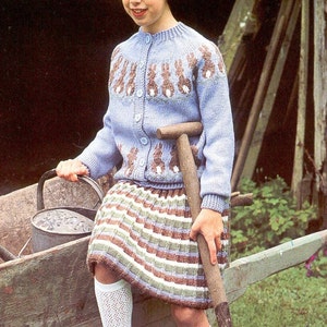 2 PDF knitting patterns Knit round-yoke intarsia cardigan & tonings striped ribbed skirt Peter Rabbit Girl teen childs jacket wool dk 80s image 1