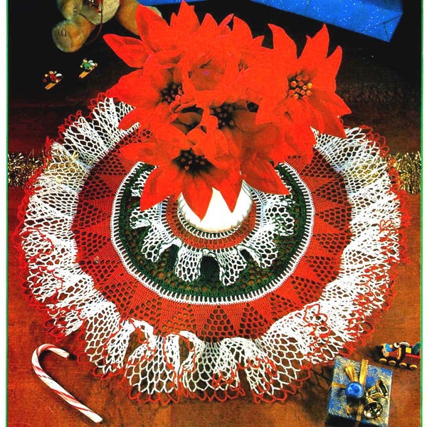 Christmas ruffles centerpiece PDF crochet pattern vintage 1988 magazine 80s Crochet world table ruffled doily decoration 26 inches diameter