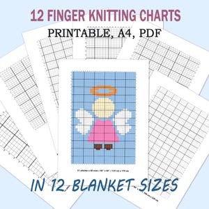 May include: A collection of printable finger knitting charts. The charts include a design of an angel with a pink dress, white wings, and a gold halo. The text reads "12 FINGER KNITTING CHARTS PRINTABLE, A4, PDF" and "IN 12 BLANKET SIZES".