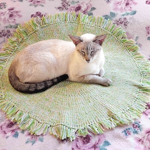 May include: A white Siamese cat with blue eyes is sleeping on a green and white round rug with a fringe border. The rug is on a pink and white floral patterned blanket.