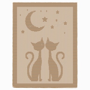 Gatos gemelos bajo el cielo nocturno - Patrón de tejido de manta - Solo punto derecho y revés - Manta afgana fácil - Apto para principiantes