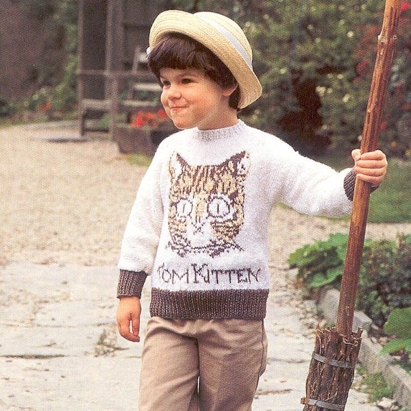 PDF knitting pattern Knit childs sweater tom kitten intarsia chart cat pullover wool dk 8 ply yarn boys winter jumper vintage 80s pattern